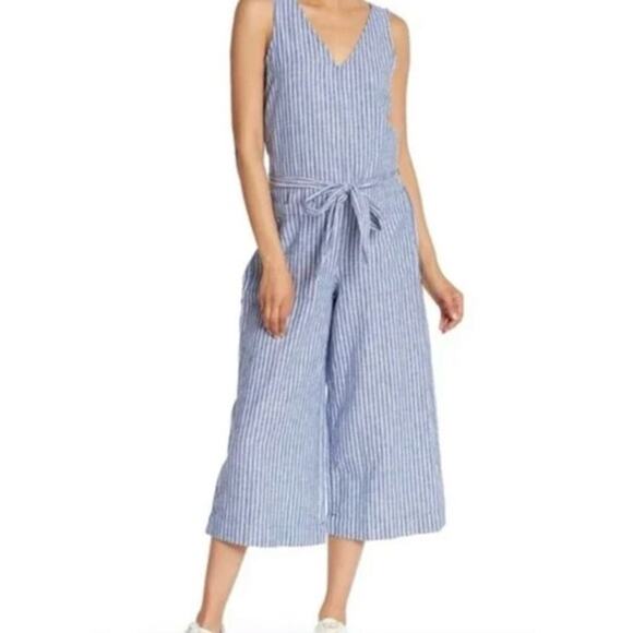 beachlunchlounge Pants - BeachLunchLounge Blue White Striped Linen Blend Cropped Wide Leg Jumpsuit Size M